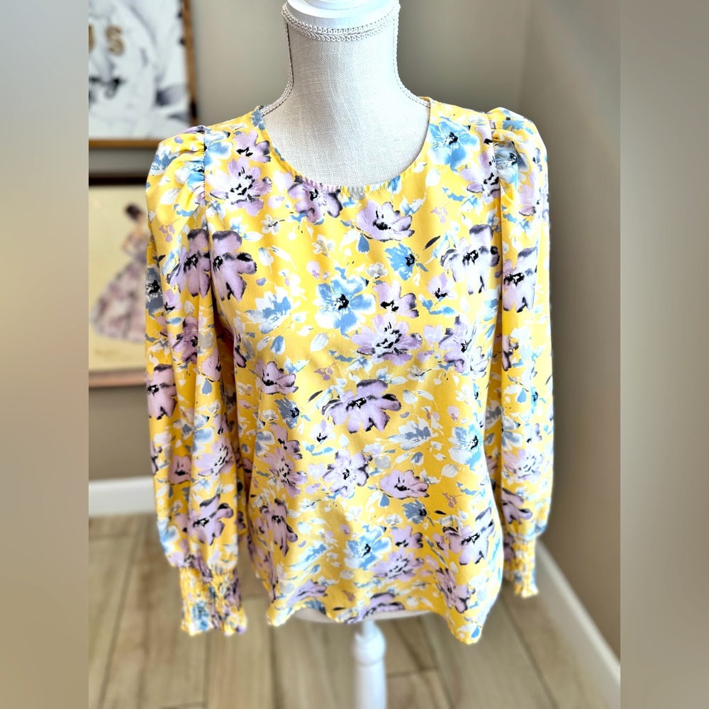PLEIONE Anthropologie Yellow Floral Long Sleeve Blouse